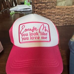 White and Hot Pink Mesh Trucker Hat - "Excuse Me You Look Like You Love Me"